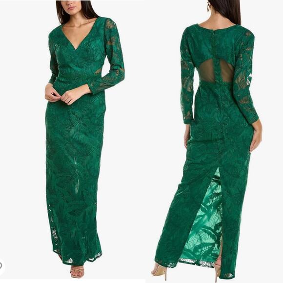 Marchesa Leaf Embroidered Gown‎ Green V-Neck Long Sleeve Sheer Back Sz 6